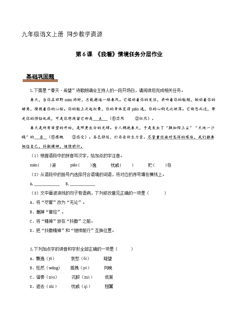 6 我看:生命的飞奔 自然的合流(情境任务分层作业)(原卷版)第1页