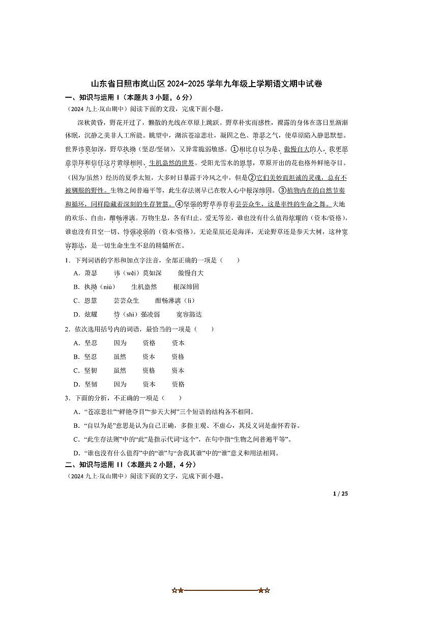 2024~2025学年山东省日照市岚山区九年级上语文期中试卷第1页
