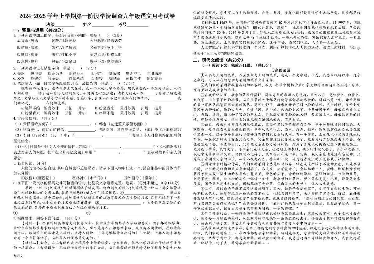 河南省濮阳市濮阳经济技术开发区第四初级中学2024-2025学年九年级上学期9月月考语文试题第1页