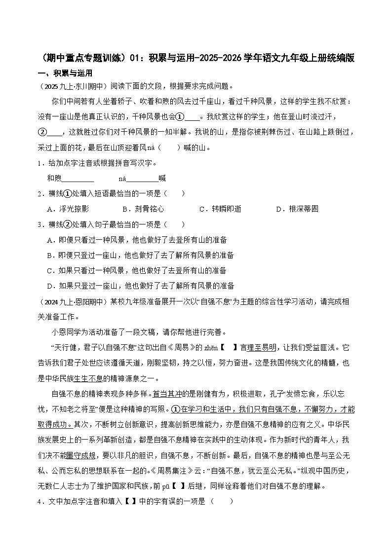 期中重点专题训练:积累与运用 2025-2026学年统编版语文九年级上册第1页