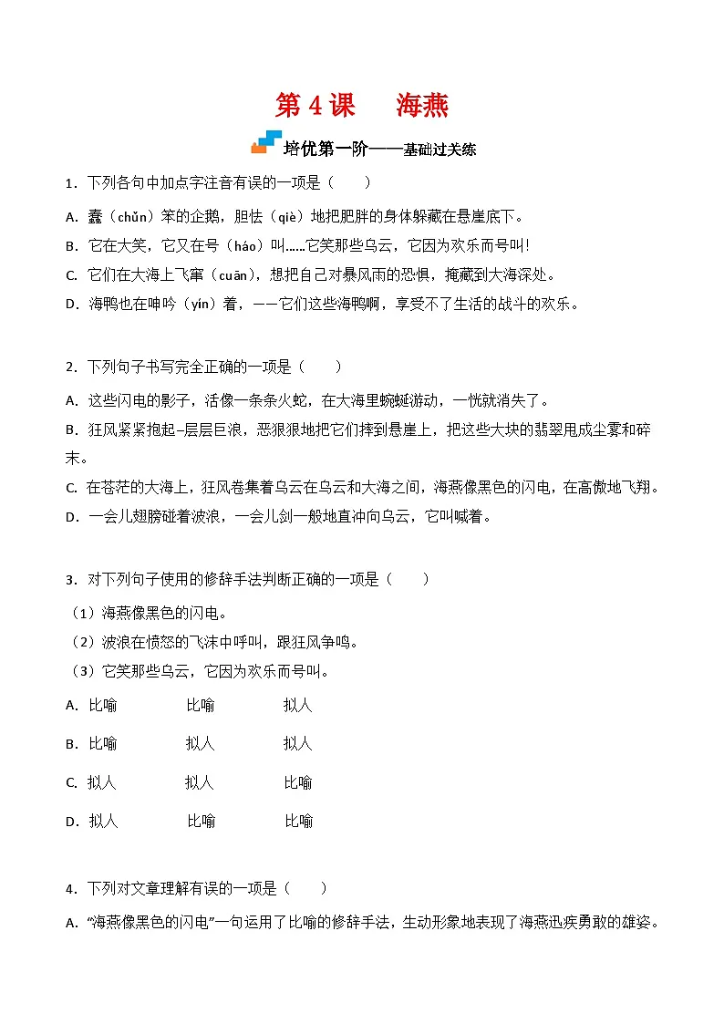 新人教部编版初中语文九下1-4《海燕》课后培优分级练习(原卷版无答案)第1页