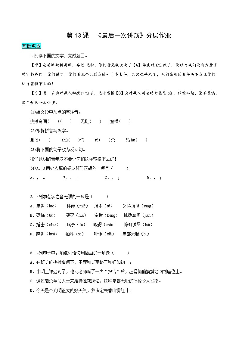 新人教部编版初中语文八下4-13《最后一次讲演》分层练习(原卷版 无答案)第1页