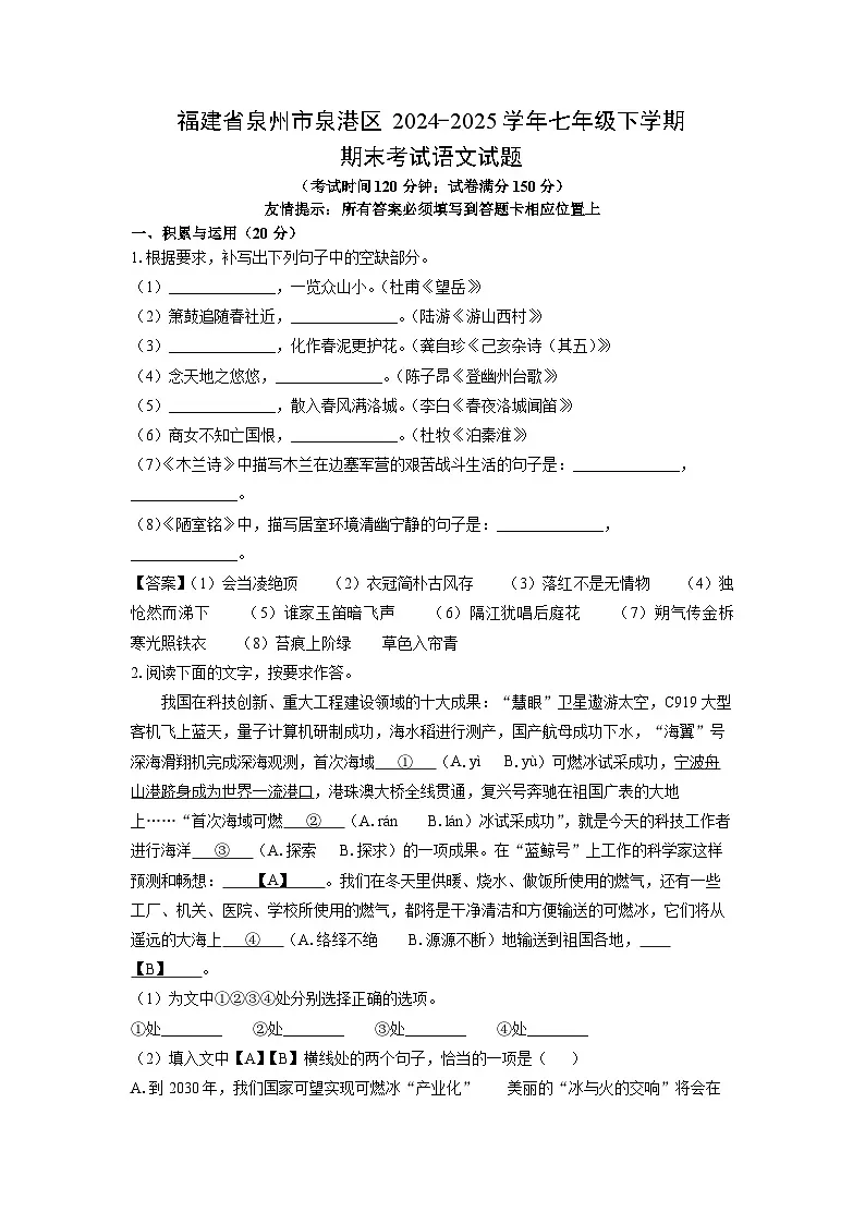 福建省泉州市泉港区2024-2025学年七年级下学期期末考试 (1)语文试卷(解析版)第1页