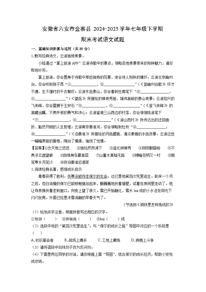 安徽省六安市金寨县2024-2025学年七年级下学期期末考试语文试卷(解析版)第1页