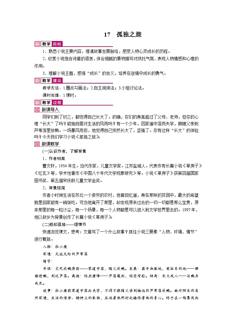 17 孤独之旅 教学设计-2025-2026学年统编版语文九年级上册第1页