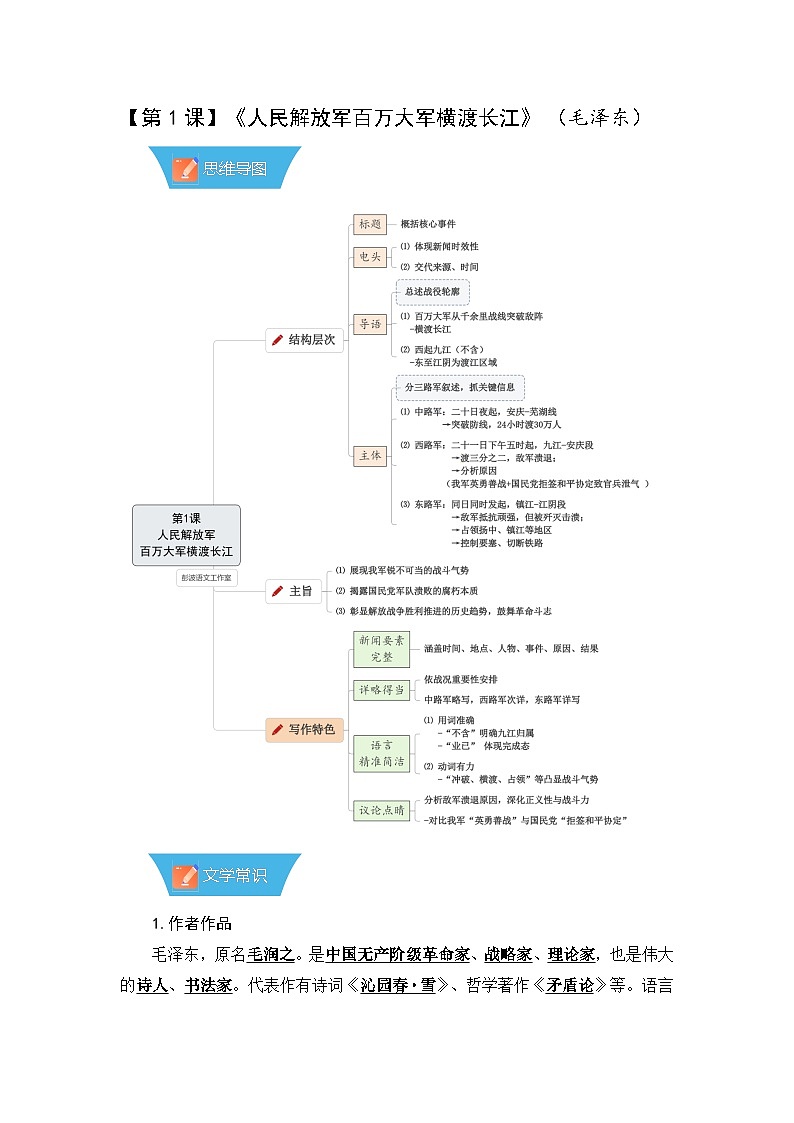第1课《消息二则:人民解放军百万大军横渡长江》—初中语文八年级上册 知识点梳理+思维导图(人教部编版2024)第1页