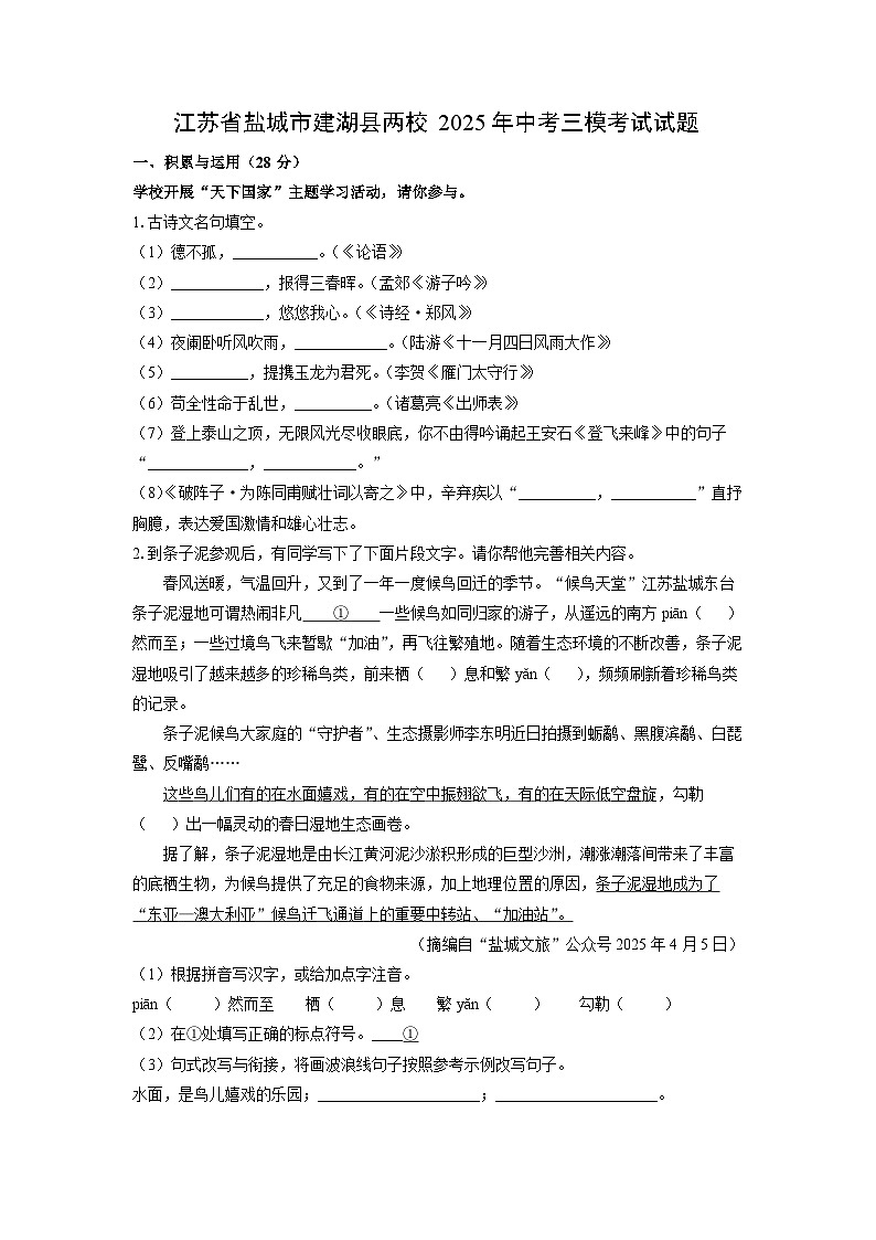 江苏省盐城市建湖县两校2025年中考三模考试语文试卷(学生版)第1页