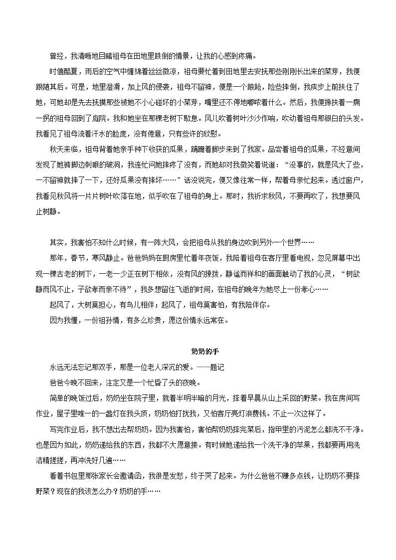 01《我真想时光倒流》《我想念那棵柿子树》《风止树静情依依》《奶奶的手》《精彩的瞬间》-2026年中考语文作文备考素材讲练(全国通用)第3页