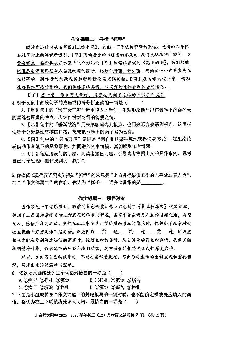 北京师范大学附属中学2025—2026学年九年级上学期月考语文试题第2页