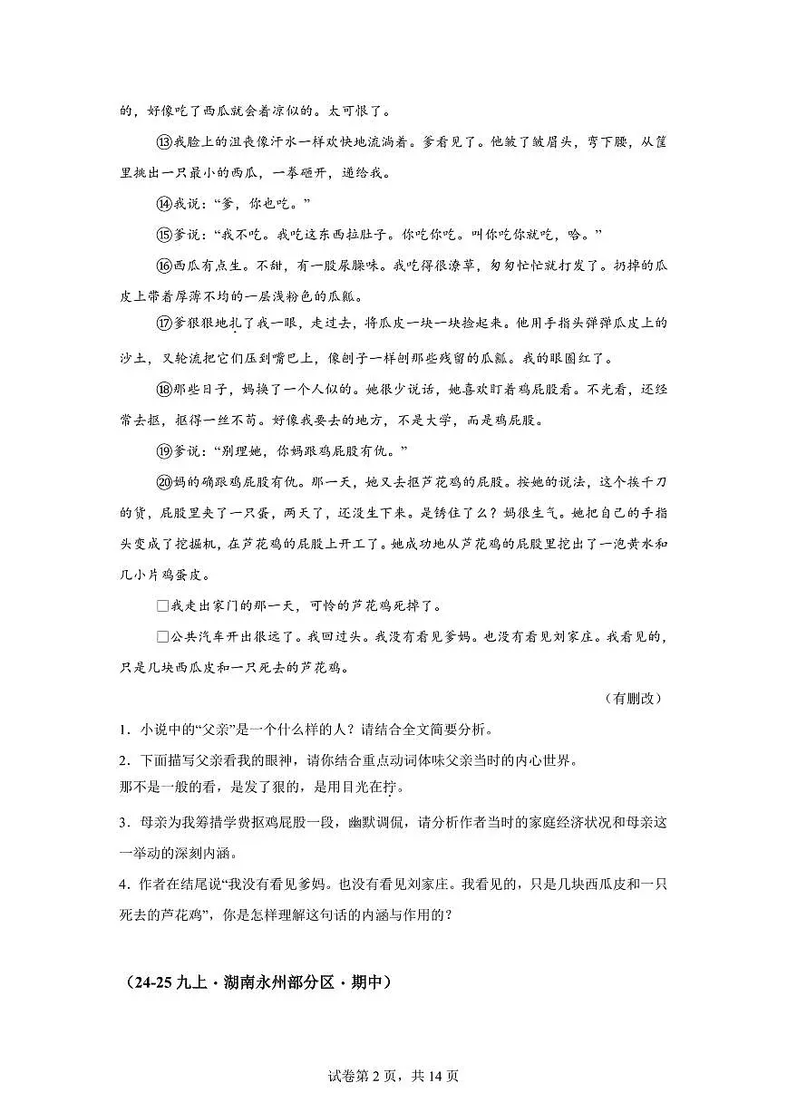 专题06文学类文本阅读(期中真题专题练习 湖南专用)九年级语文上学期【附答案】第2页