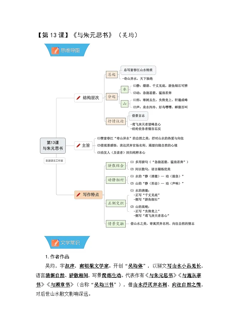 第13课《与朱元思书》—初中语文八年级上册 知识点梳理+思维导图(人教部编版2024)第1页