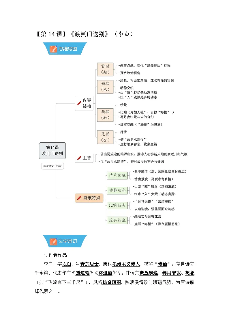 第14课《唐诗五首:渡荆门送别》—初中语文八年级上册 知识点梳理+思维导图(人教部编版2024)第1页