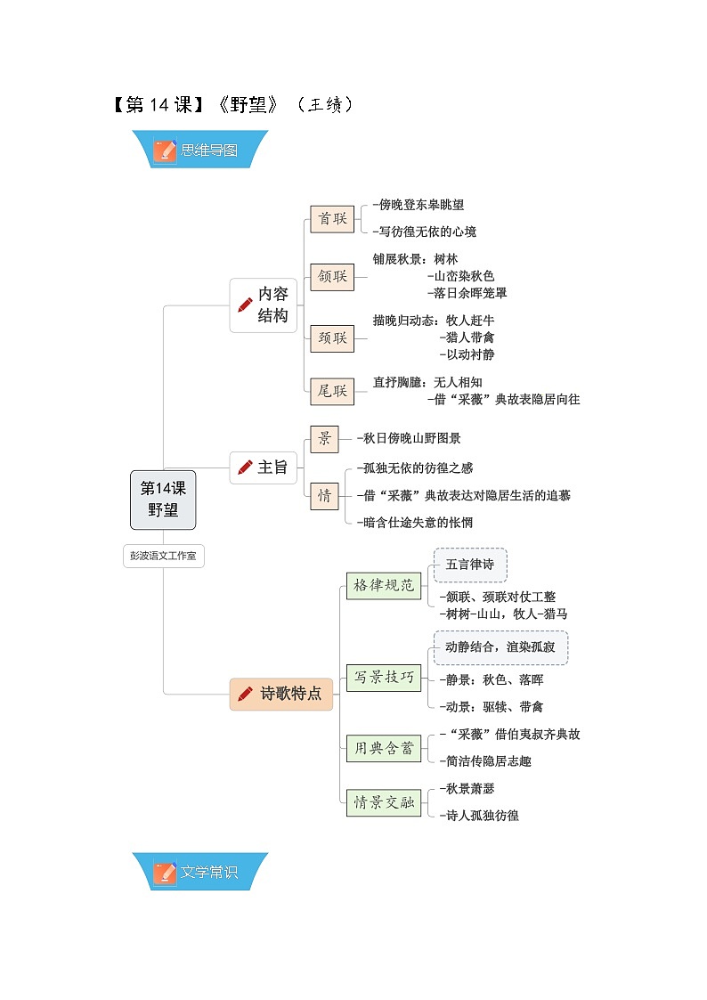 第14课《唐诗五首:野望》—初中语文八年级上册 知识点梳理+思维导图(人教部编版2024)第1页