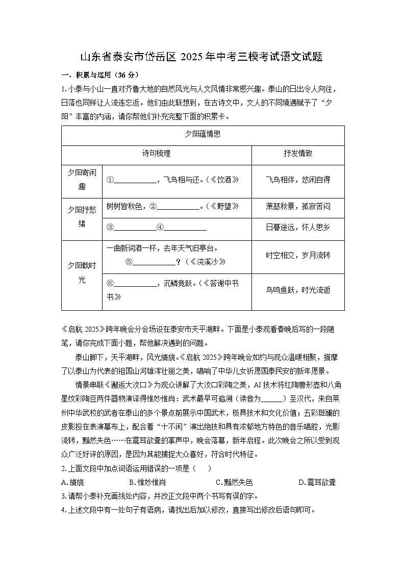 山东省泰安市岱岳区2025年中考三模考试语文试卷(学生版)第1页