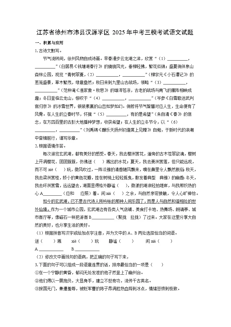 江苏省徐州市沛县汉源学区2025年中考三模考试语文试卷(学生版)第1页