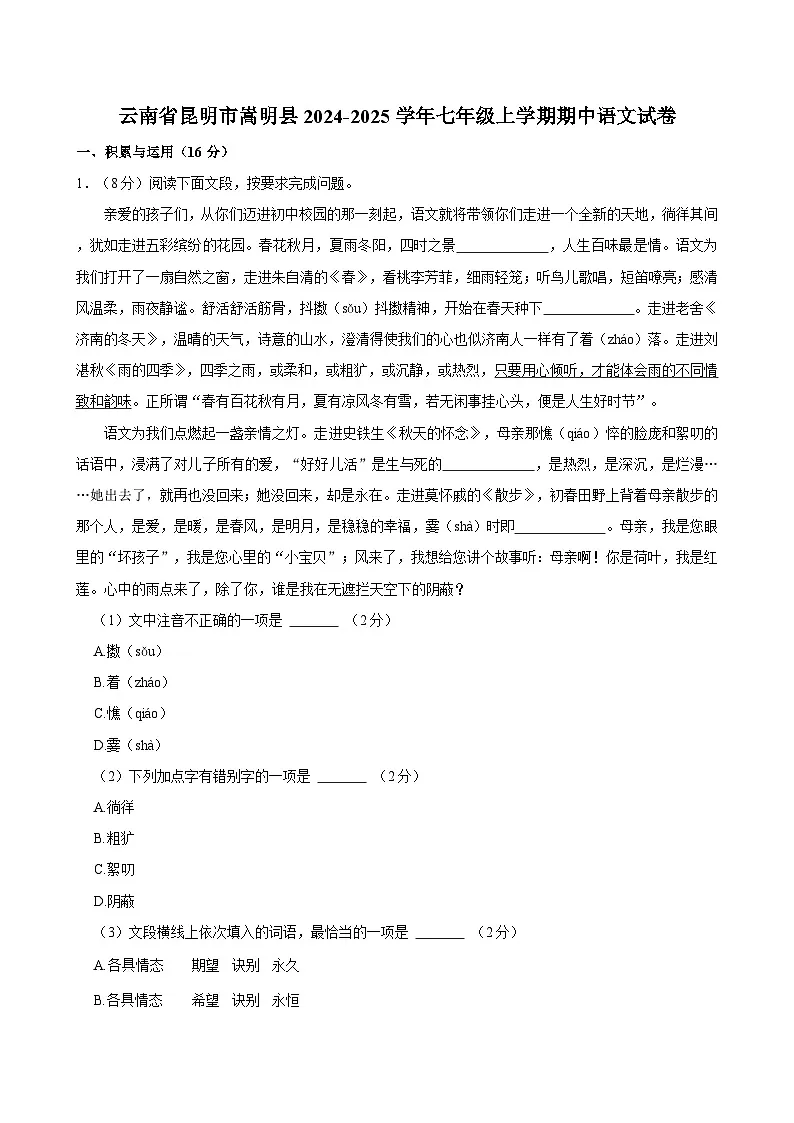 云南省昆明市嵩明县2024-2025学年七年级上学期期中语文试卷第1页