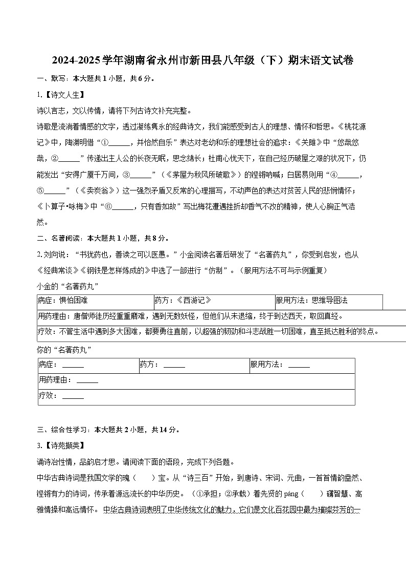 2024-2025学年湖南省永州市新田县八年级(下)期末语文试卷(含详细答案解析)第1页