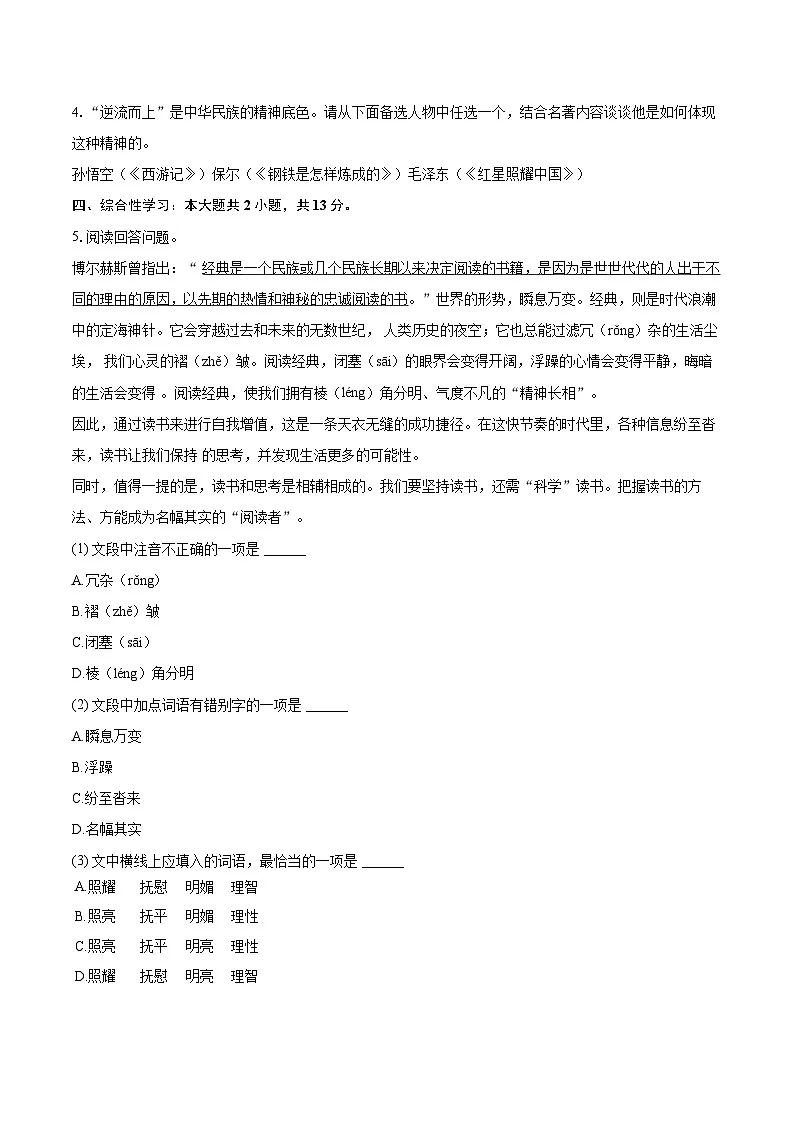 2024-2025学年云南省大理州八年级(下)期末语文试卷(含详细答案解析)第3页