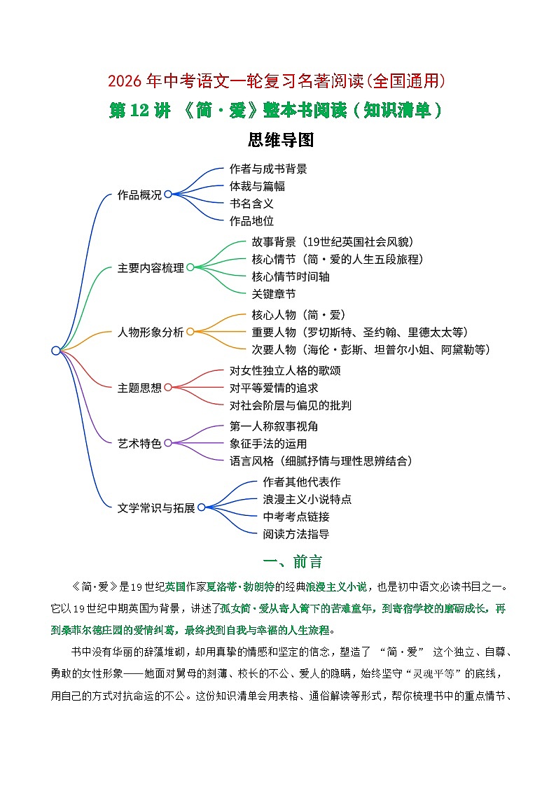 第12讲《简·爱》整本书阅读(清单)-2026年中考语文一轮复习名著阅读讲练(全国通用)第1页