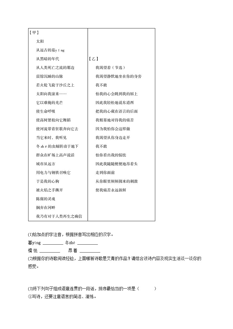 安徽省初三上学期期中语文试卷2-试题版第2页