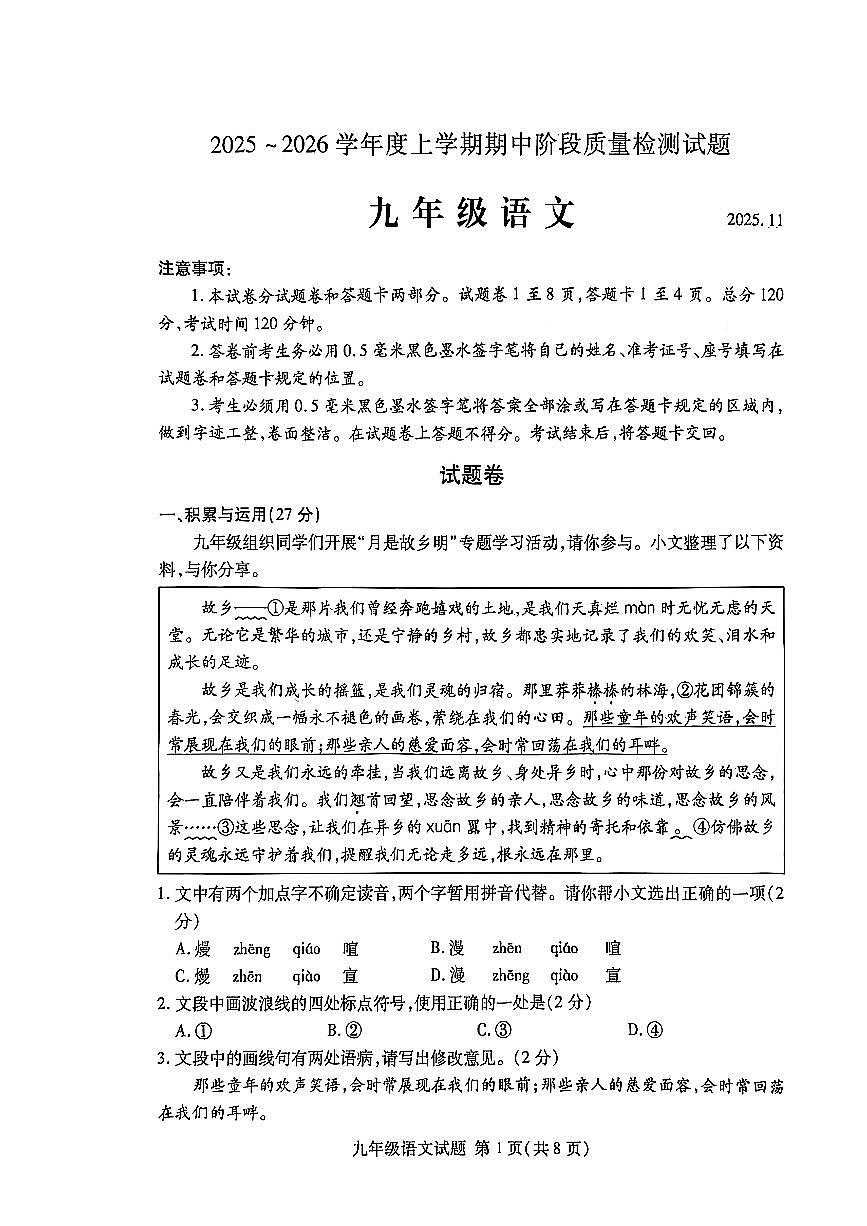 山东省临沂市兰山区2025-2026学年九年级上学期11月期中语文试题第1页