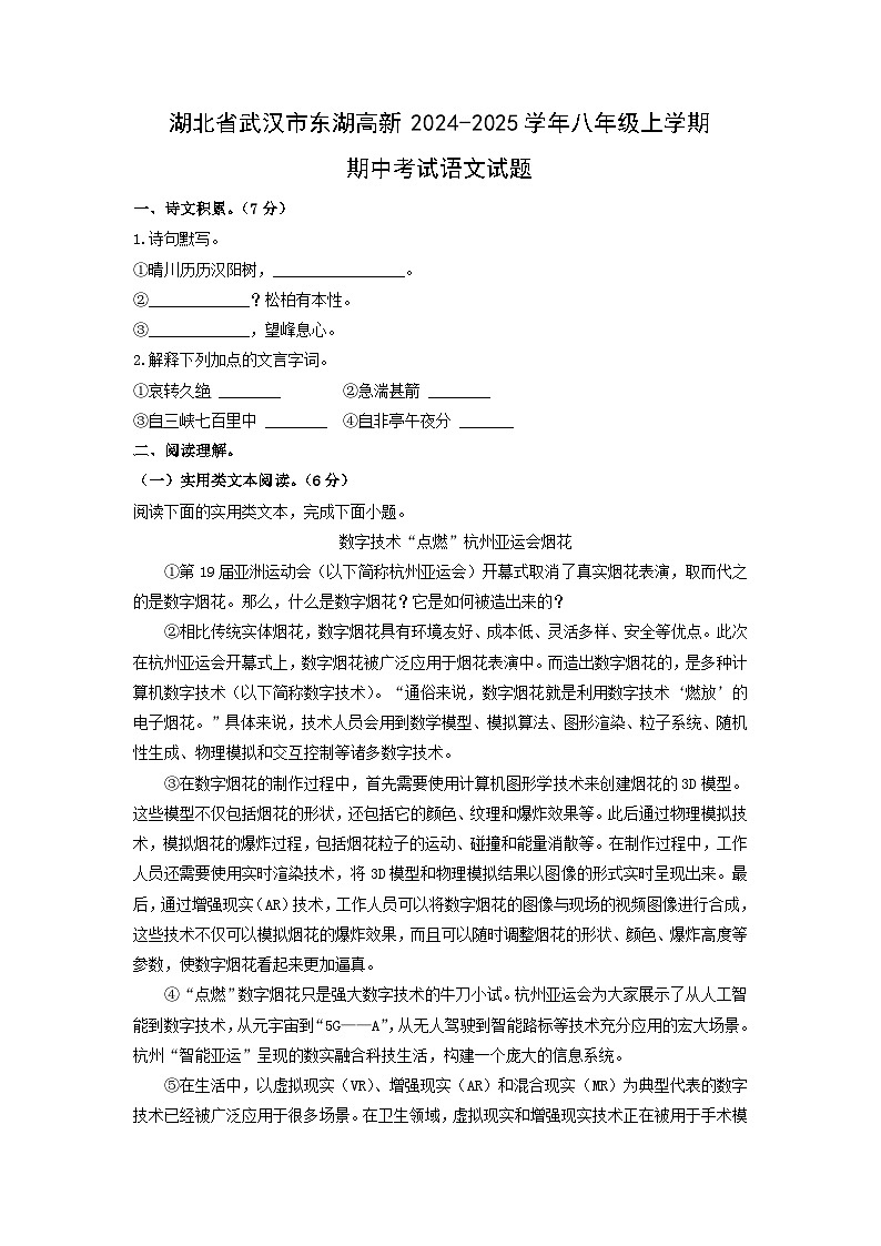 湖北省武汉市东湖高新2024-2025学年八年级上学期期中考试语文试卷(学生版)第1页