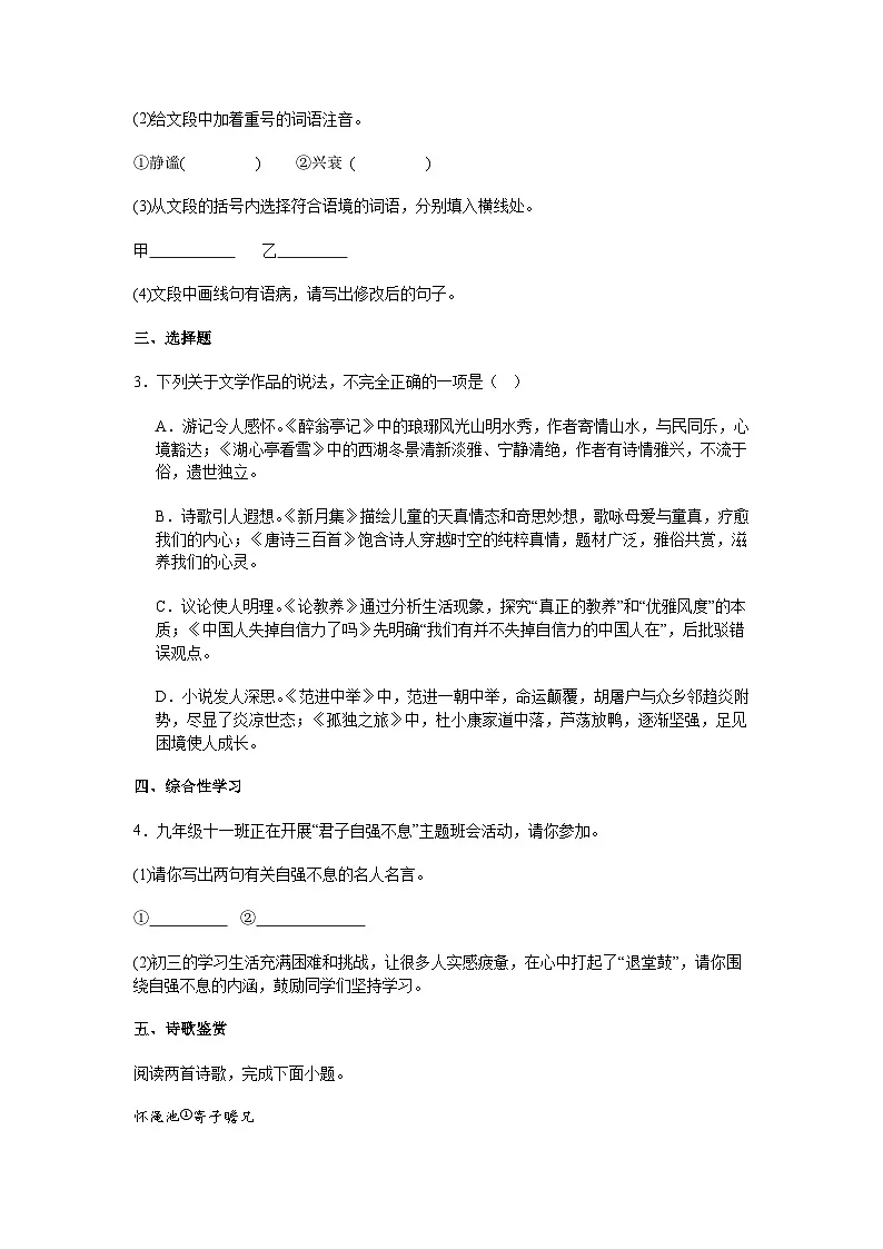 江苏省盐城市盐城经济技术开发区2024-2025学年九年级上学期期末语文试题(含答案)第2页