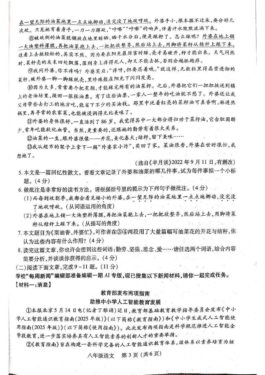 河南省洛阳市伊川县2025-2026学年八年级上学期11月期中考试语文试题第3页