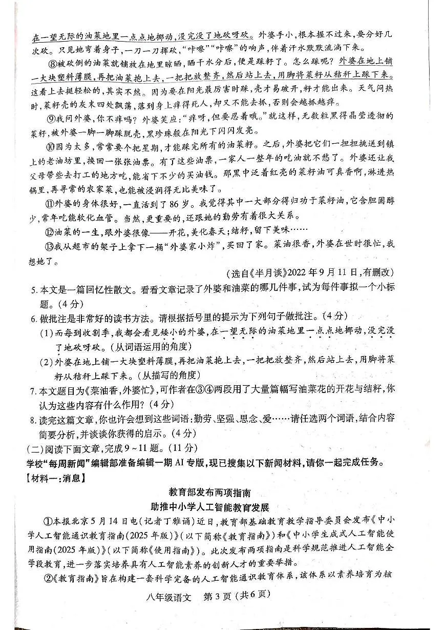 河南省洛阳市伊川县2025-2026学年八年级上学期11月期中考试语文试题第3页