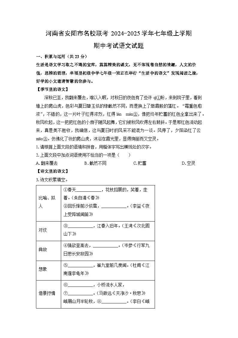河南省安阳市名校联考2024-2025学年七年级上学期期中语文语文试卷(学生版)第1页