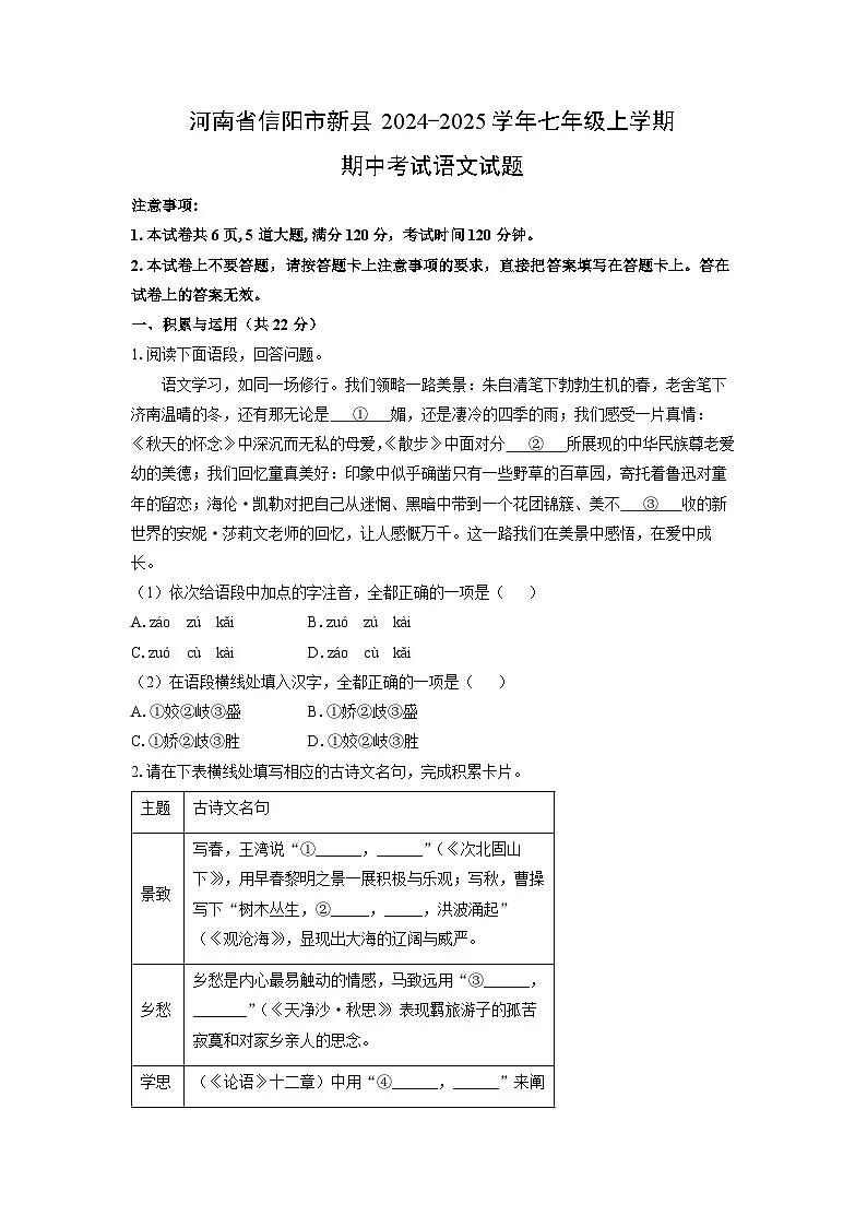 河南省信阳市新县2024-2025学年七年级上学期期中语文语文试卷(学生版)第1页