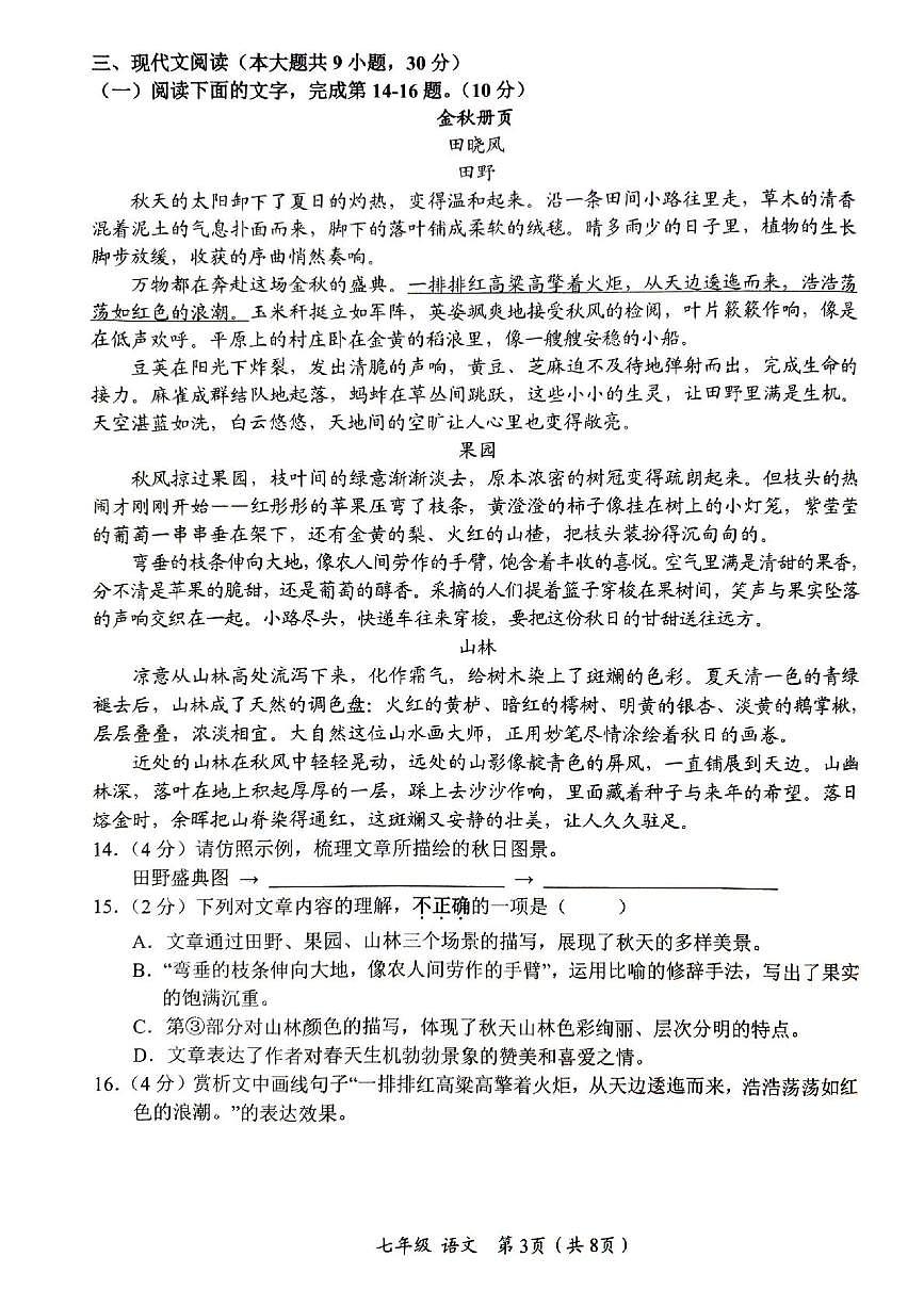 江西省赣州市安远县2025-2026学年七年级上学期11月期中考试语文试题第3页