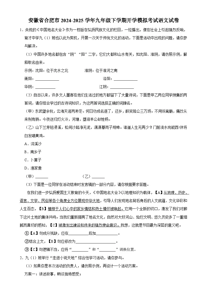 安徽省合肥市2024-2025学年九年级下学期开学模拟考试语文试卷-A4第1页
