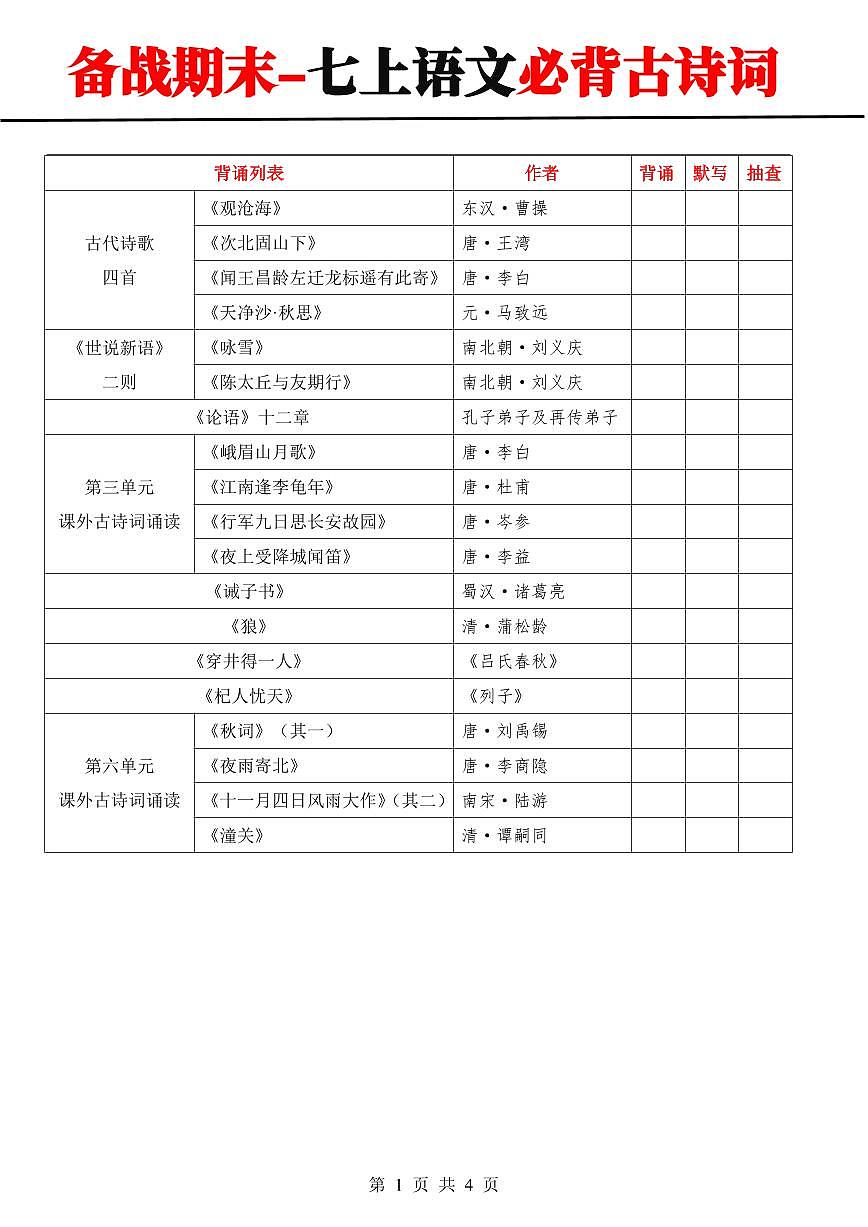 2024-2025期末复习七上语文课内外必背古诗词汇总学案第1页