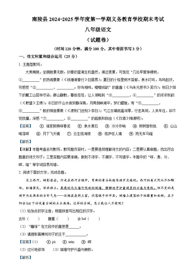安徽省芜湖市南陵县2024-2025学年八年级上学期期末语文试题(解析版)-A4第1页