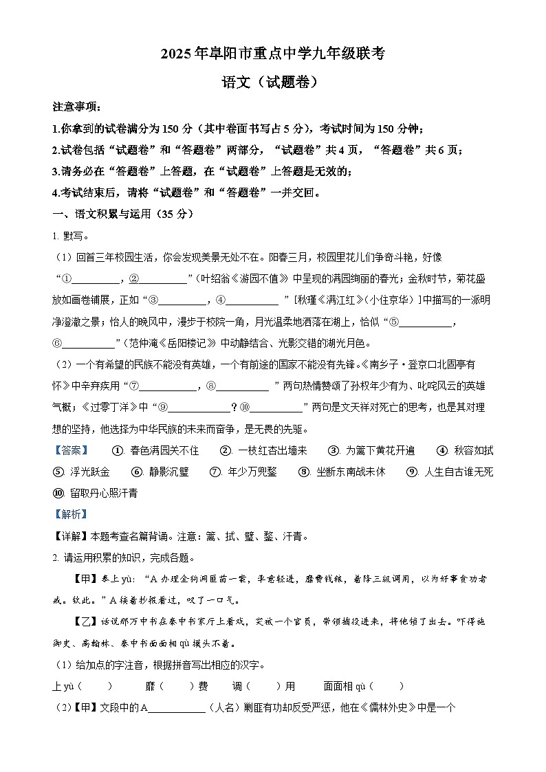 2025年安徽省阜阳市重点中学中考一模语文试题(解析版)-A4第1页