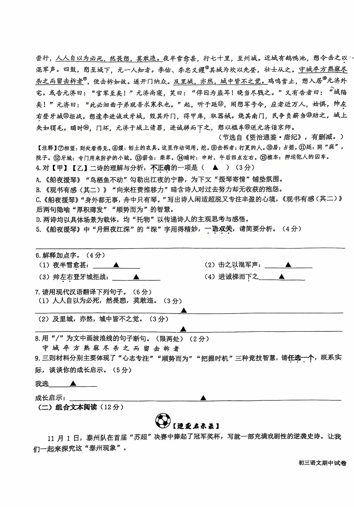 江苏省盐城市鹿鸣路初级中学2025-2026学年九年级上学期期中考试语文试题第3页