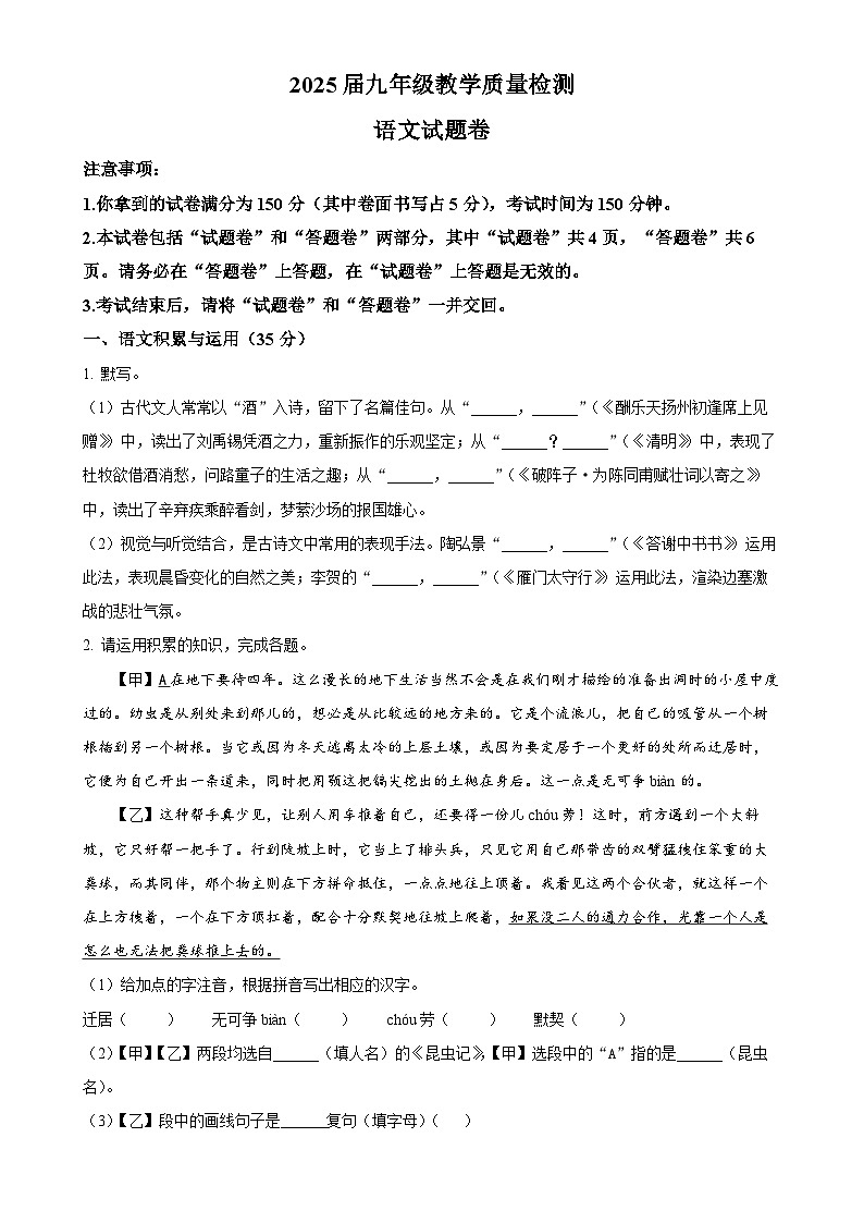 2025年安徽省阜阳市颍上县中考一模语文试题(原卷版)-A4第1页