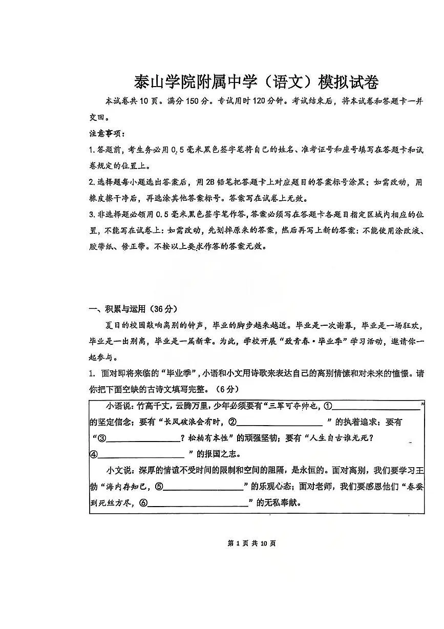 2025年山东省泰安市泰山区泰山学院附属中学中考三模语文试题第1页