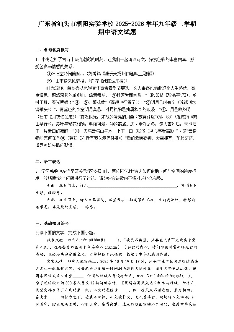 广东省汕头市潮阳实验学校2025-2026学年九年级上学期期中语文试题(含答案及解析)第1页