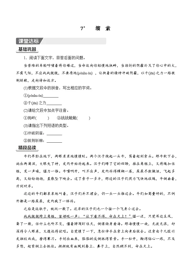 7 .溜索 同步练习(含答案)部编版九年级语文下册第1页