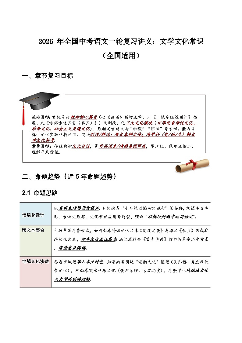 2026 年全国中考语文一轮复习讲义:文学文化常识(全国适用)(原卷)第1页