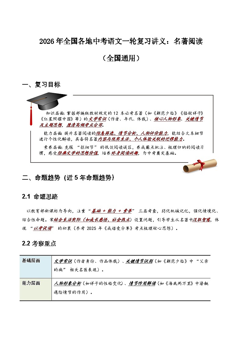 2026年全国各地中考语文一轮复习讲义:名著阅读(全国通用)(原卷)第1页
