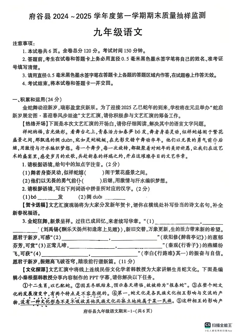 陕西省榆林市府谷县2024-2025学年九年级上学期期末质量抽样检测语文试题第1页