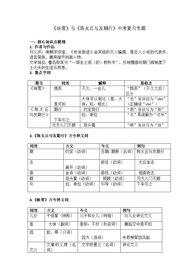 统编版语文七年级上册《咏雪》和《陈太丘与友期行》深度复习讲义第1页