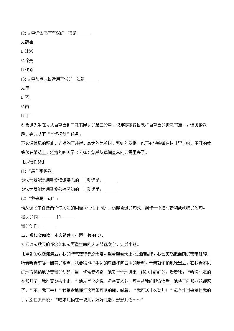 2025-2026学年四川省内江一中七年级(上)期中语文试卷-自定义类型第3页