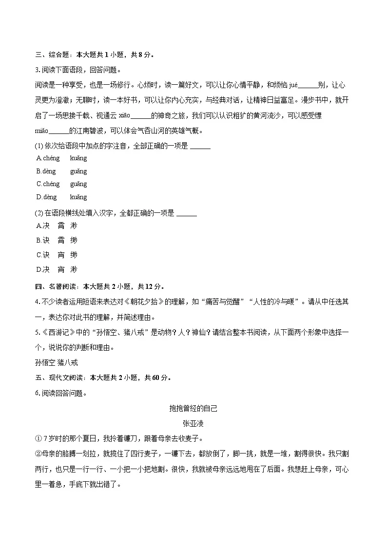 2024-2025学年河南省安阳市七年级(上)期末语文试卷-自定义类型第2页