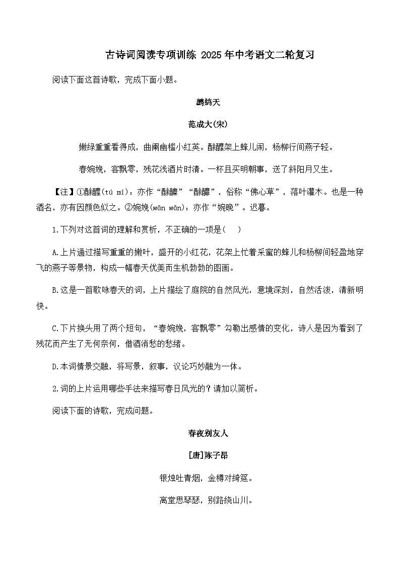 2025年中考语文二轮复习——古诗词阅读精练二(含答案)第1页