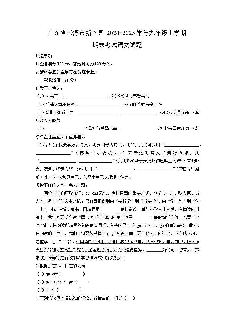 广东省云浮市新兴县2024-2025学年九年级上学期期末考试语文试卷(学生版)第1页