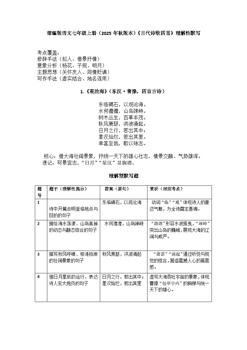部编版语文七年级上册(2025年秋版本)《古代诗歌四首》理解性默写讲义第1页